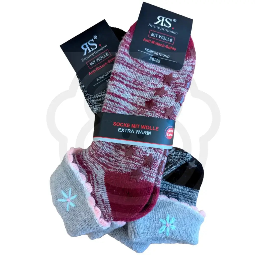 Chaussettes antidérapantes en laine – Fleur & étoiles | Édition cadeau cocooning 39/42 / Bordeau et noir