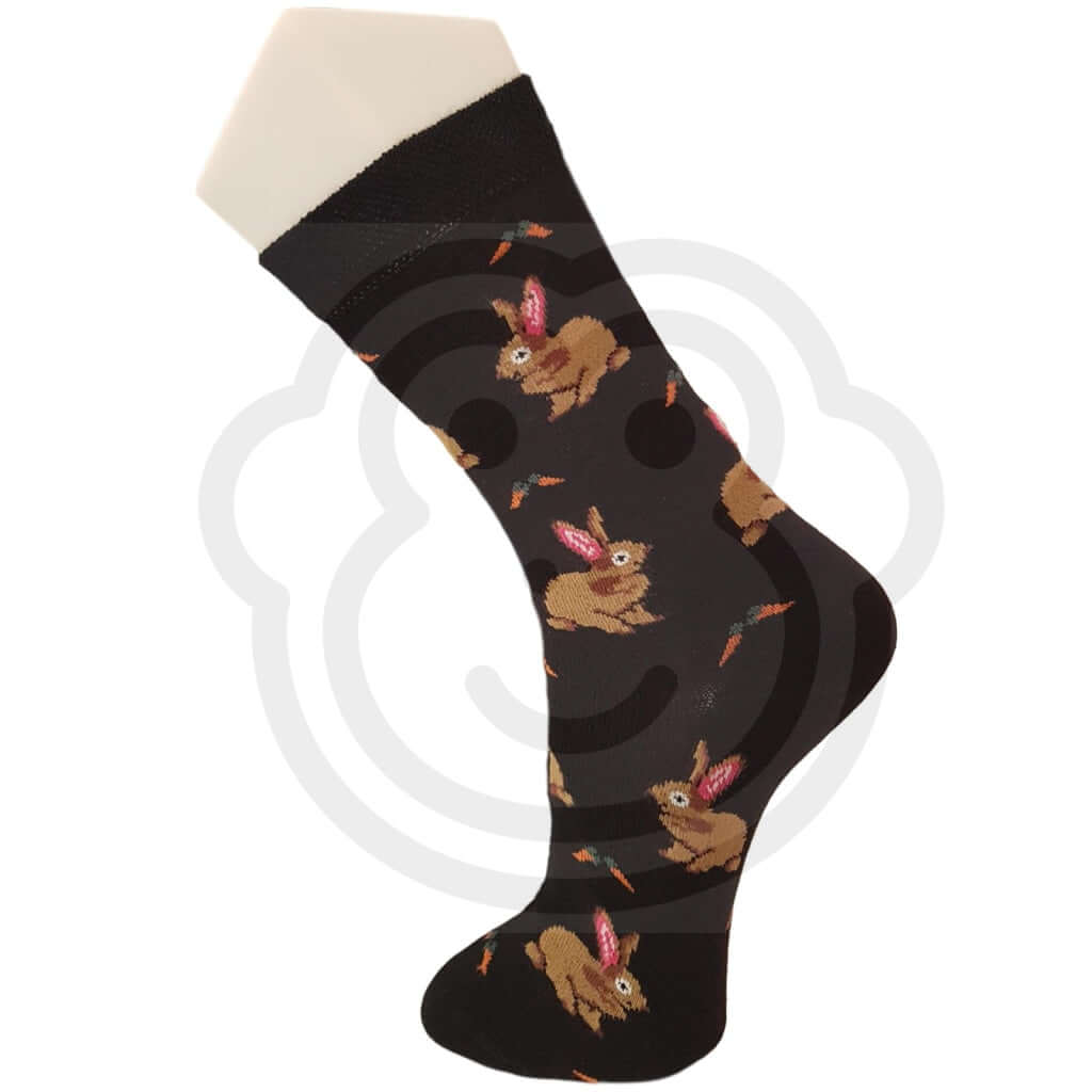 Chaussettes lapins et carottes sur fond noir, motifs de lapins et carottes, lot de 2 paires.