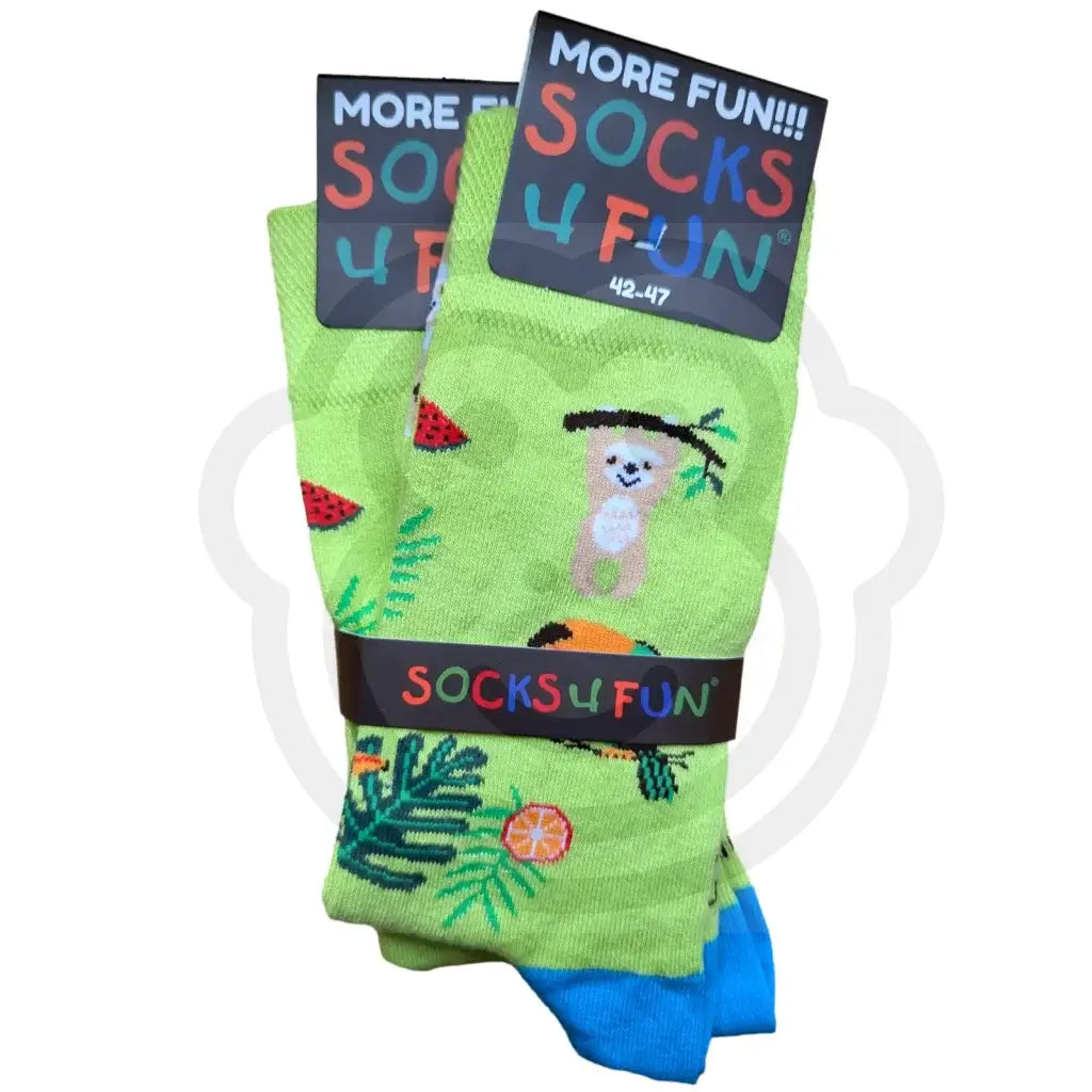Chaussettes animaux exotiques vert clair fantaisie à motifs paresseux et feuillages tropicaux, taille 42/47