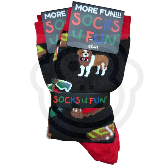 Chaussettes thème suisse noires fantaisie avec chien Saint-Bernard et objets traditionnels, taille 42/47