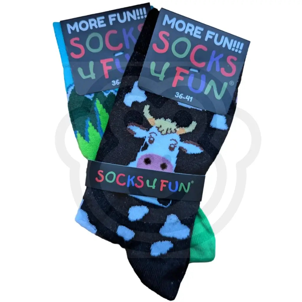 Chaussettes vaches montagne noires fantaisie avec motif tête de vache et taches blanches, taille 36/41, modèle mixte homme femme