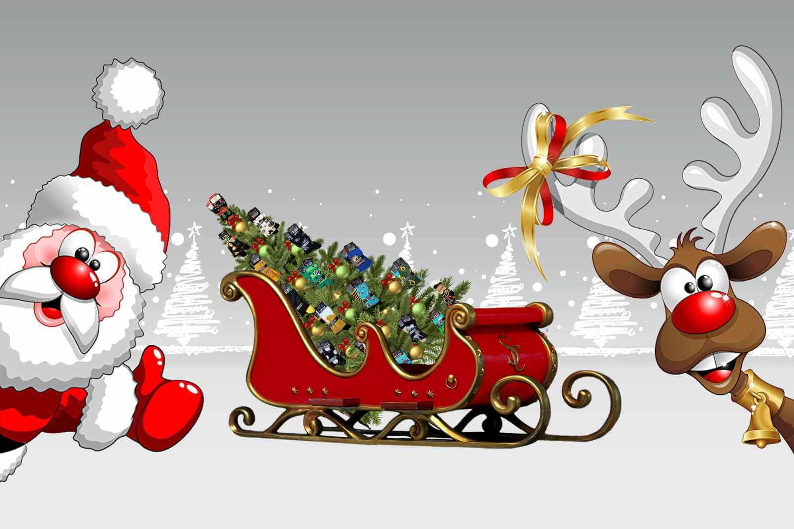 Avec les sapins et la neige en arrière plan, le Père Noël et son renne propose la livraison des chaussettes fantaisie en 48h avec son traîneau pour pouvoir glisser les pochettes cadeau sou le sapin le jour de Noël.