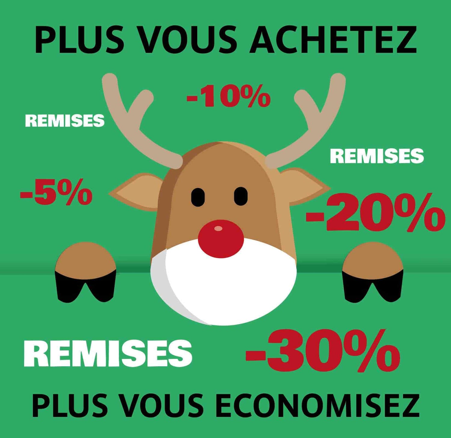 Renne du père Noël qui propose des remises en palier sur les chaussettes cadeau