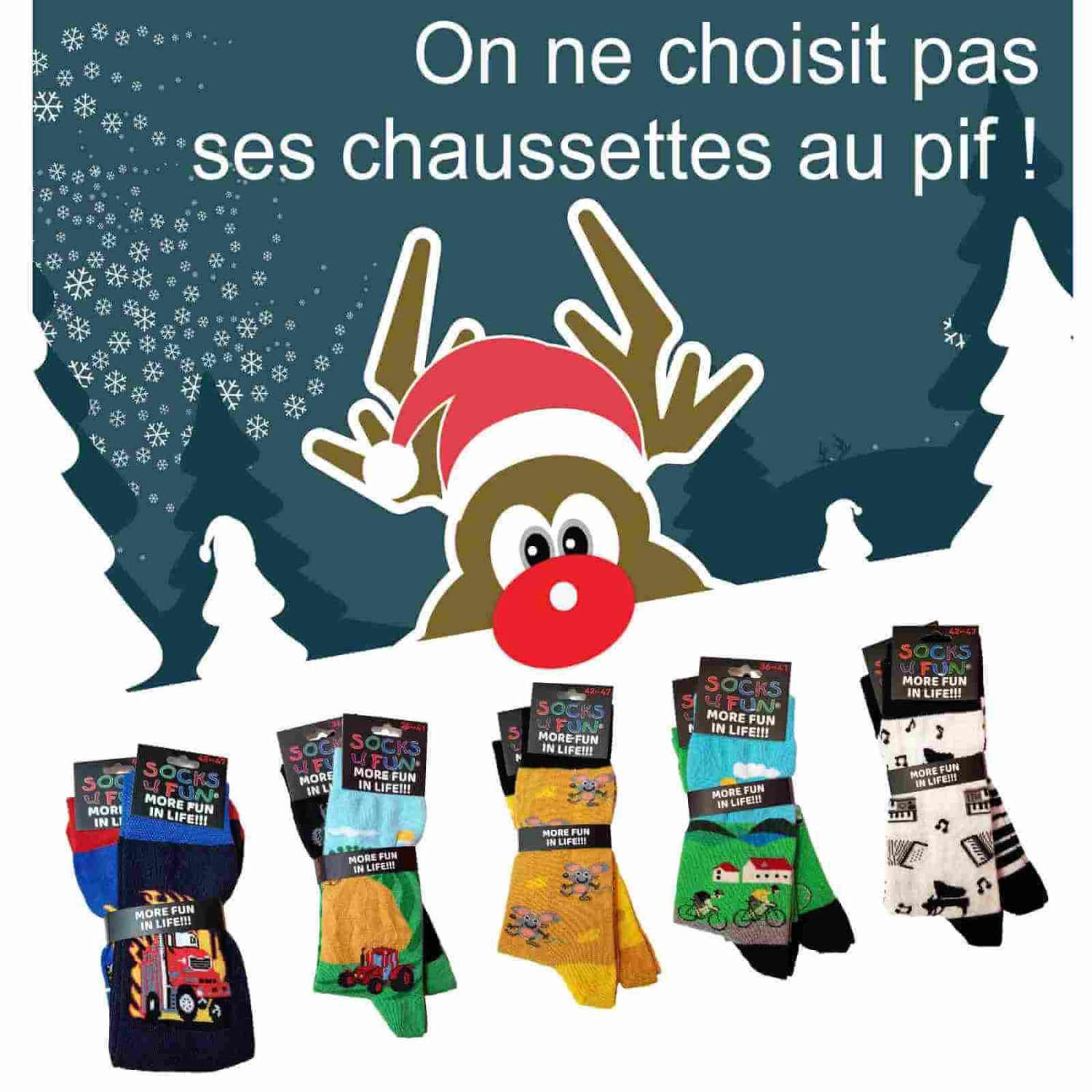 Renne avec un nez rouge qui conseille de ne pas choisir ses chaussettes fantaisie au pif