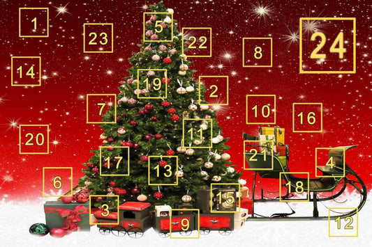Calendrier des 24 jours avant Noël sur fond rouge avec un sapin décoré, de la neige, un traineau et des cadeaux