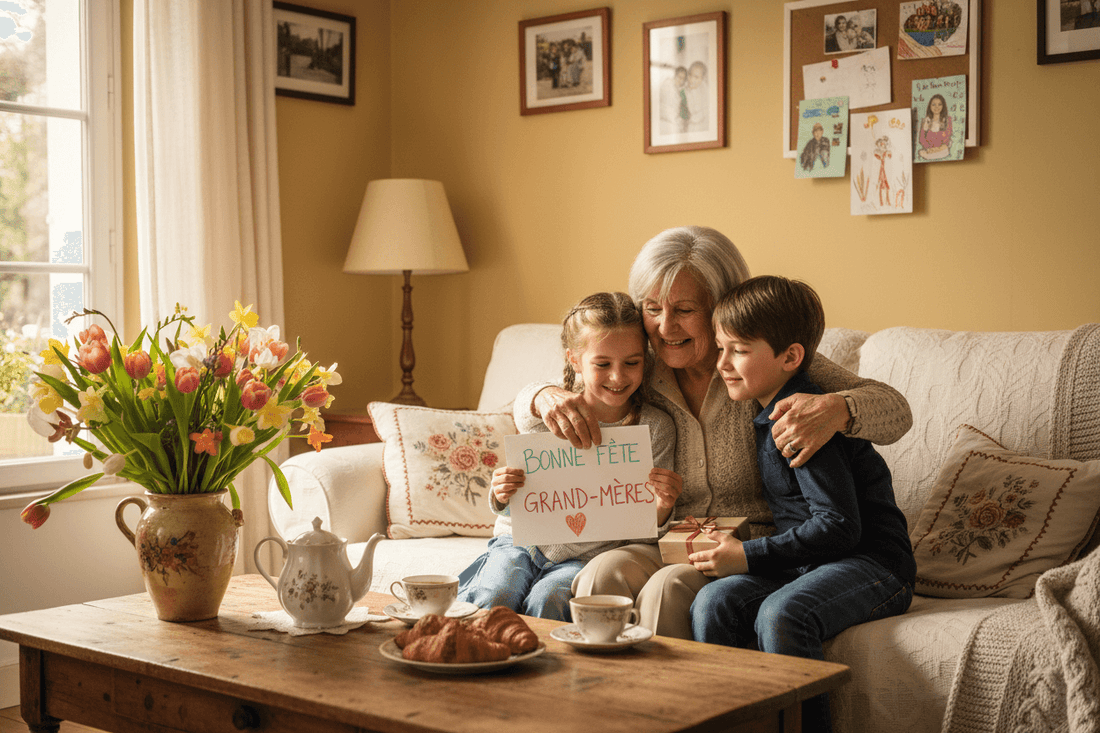 Une mamie avec ses petits enfants le jour de la fête des grand-mères