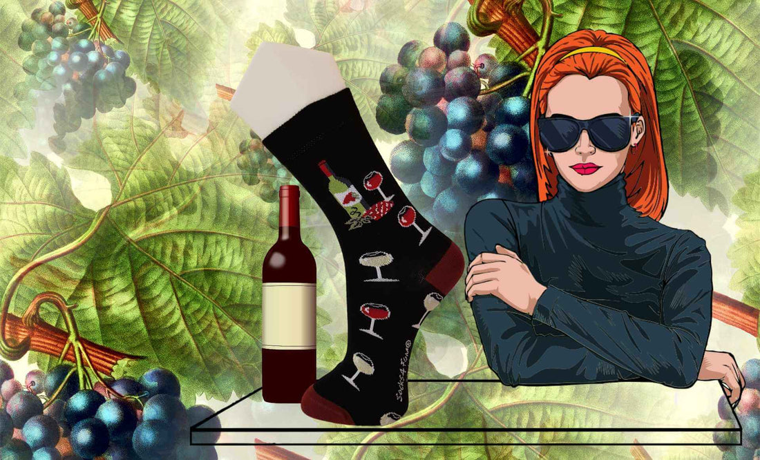 Chaussette vin rouge avec jeune femme et lunettes de soleil sur fond de vignoble
