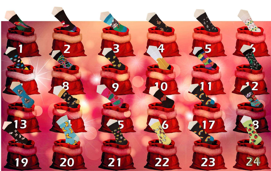 Les 24 chaussettes fantaisie sont dans le calendrier de l'avent pour Noël