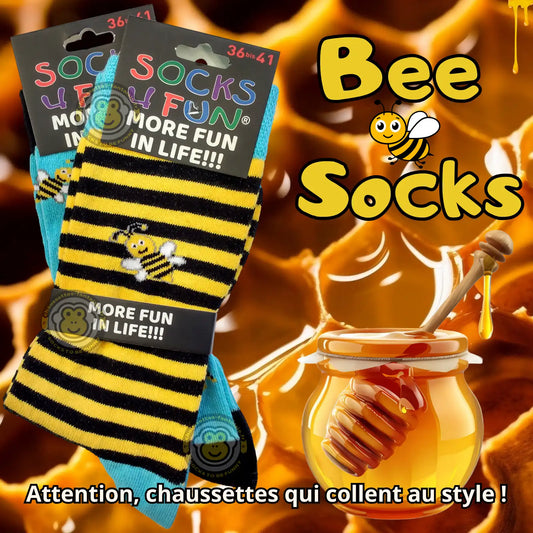 Chaussettes abeilles amusantes - Lot de 2 paires avec motifs abeilles et rayures jaunes et noires