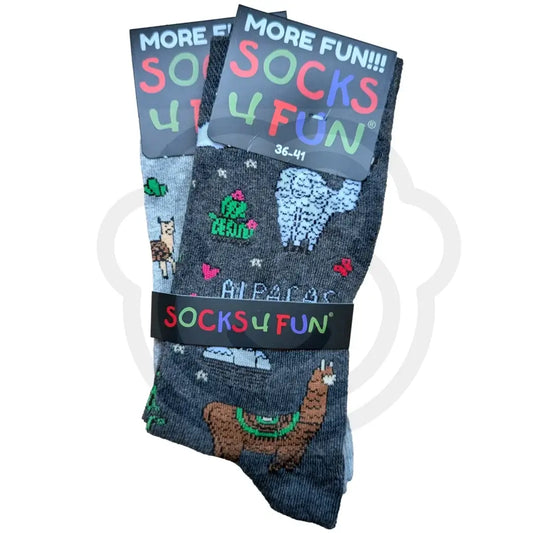 Chaussettes motif Alpaga grises fantaisie avec motifs animaux bruns et blancs, taille 36/41