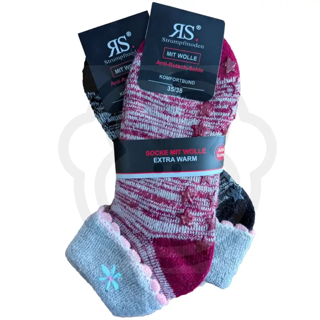 Chaussettes antidérapantes en laine – Fleur & étoiles | Édition cadeau cocooning 35/38 / Bordeau et noir