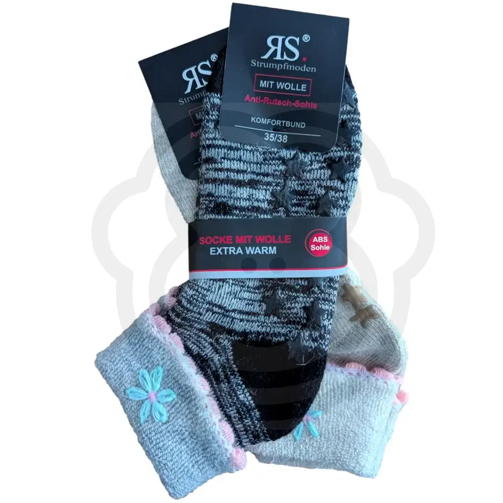 Chaussettes antidérapantes en laine – Fleur & étoiles | Édition cadeau cocooning 35/38 / Noir et beige