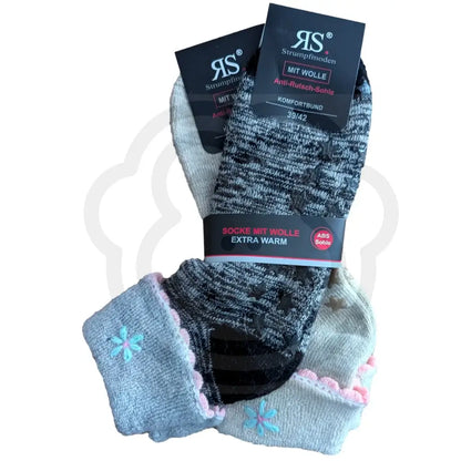 Chaussettes antidérapantes en laine – Fleur & étoiles | Édition cadeau cocooning 39/42 / Noir et beige