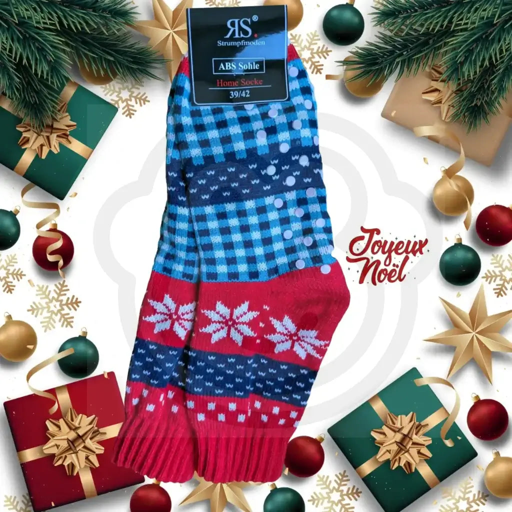 Chaussettes antidérapantes flocons rouge & bleu | Cadeaux Noël