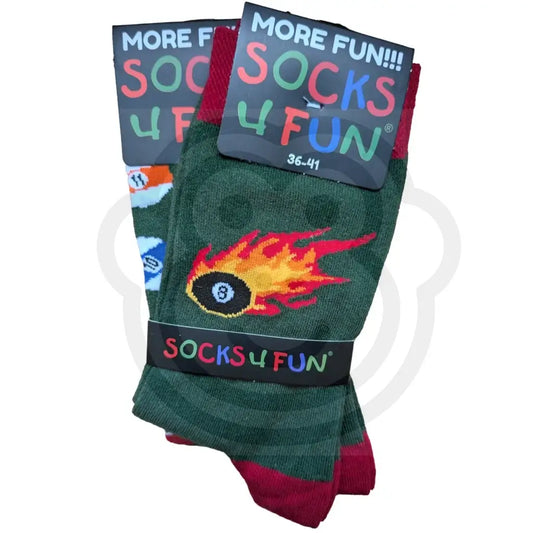 Chaussettes boules de billard vertes avec motifs tapis vet et boule 8 noire, taille 36/41