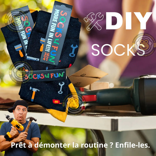 Chaussettes fantaisie thème bricolage et outils avec en image un bricoleur rigolo