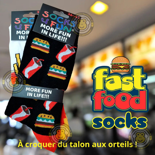 Chaussettes fast food amusantes avec motifs de burgers et boissons - Lot de 2 paires colorées.