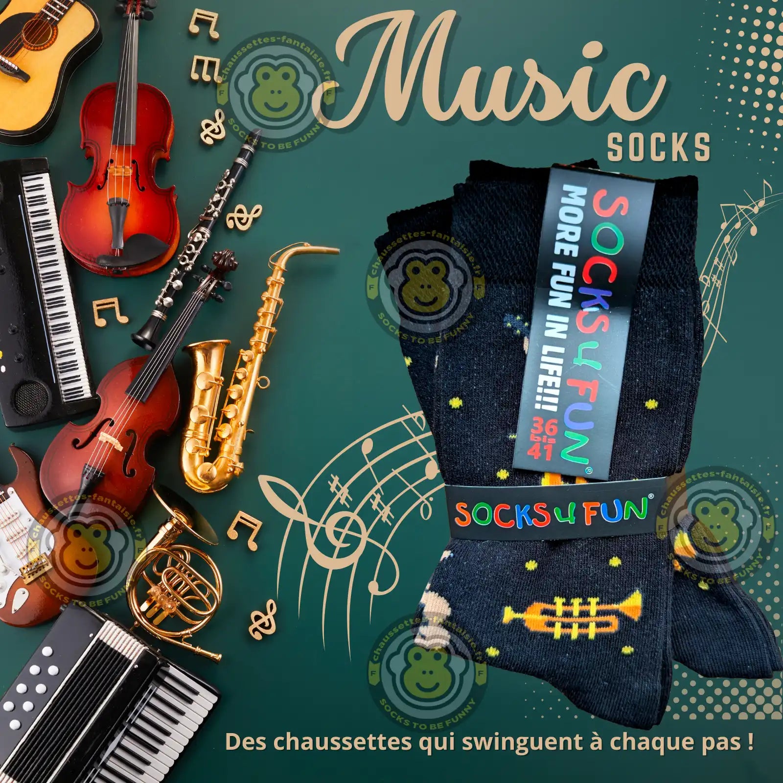 Chaussettes instruments de musique - Lot de 2 paires de chaussettes amusantes sur le thème musical.