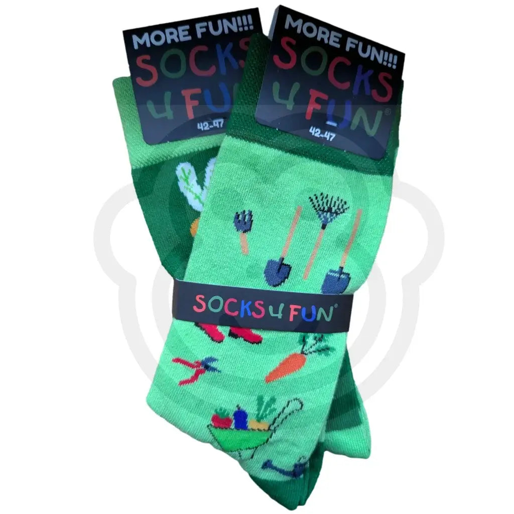 Chaussettes motif jardinage fantaisie vert clair avec motifs outils et légumes du potager, taille 42/47