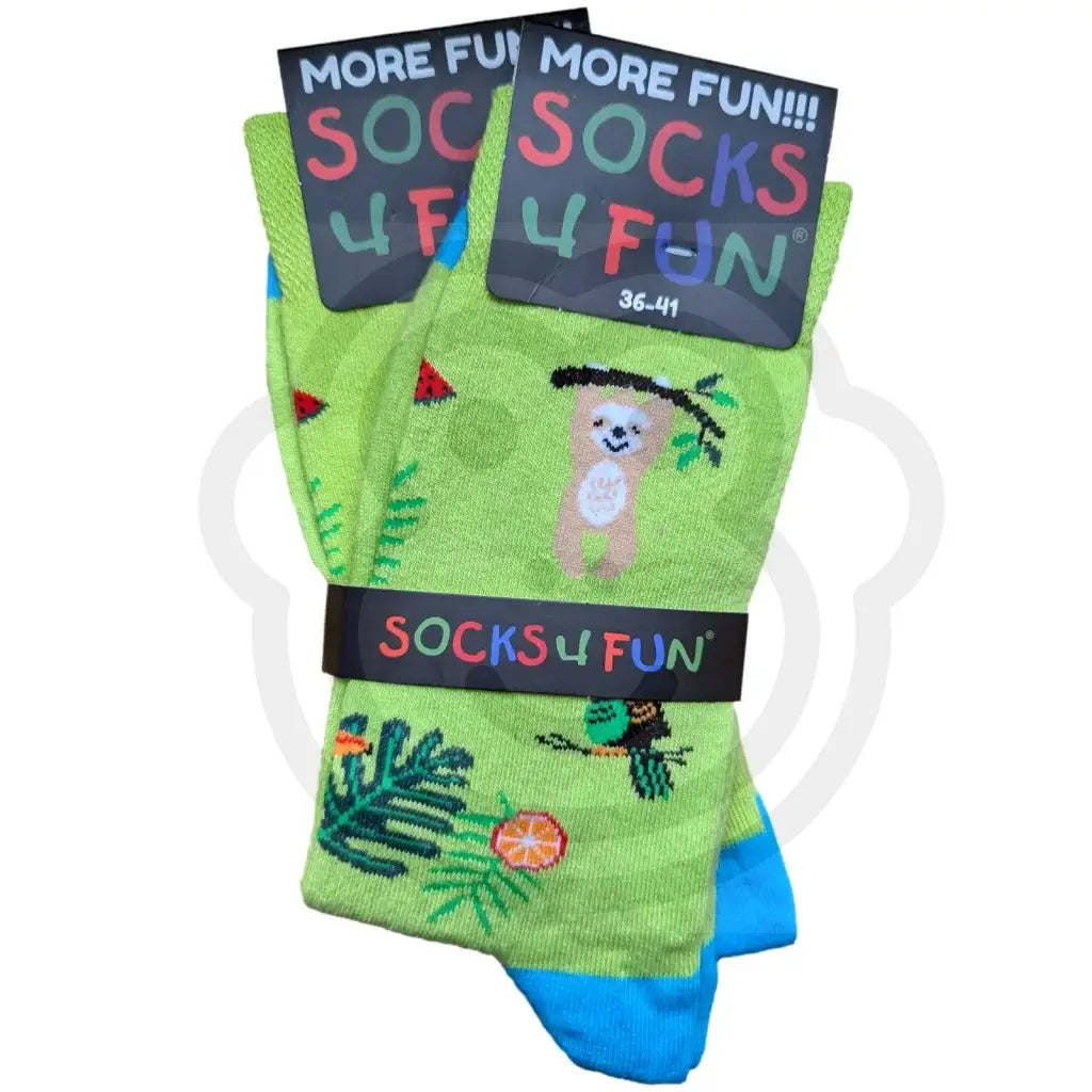 Chaussettes animaux exotiques vertes avec motifs de paresseux et d’oiseau tropical, taille 36/41, modèle mixte homme femme