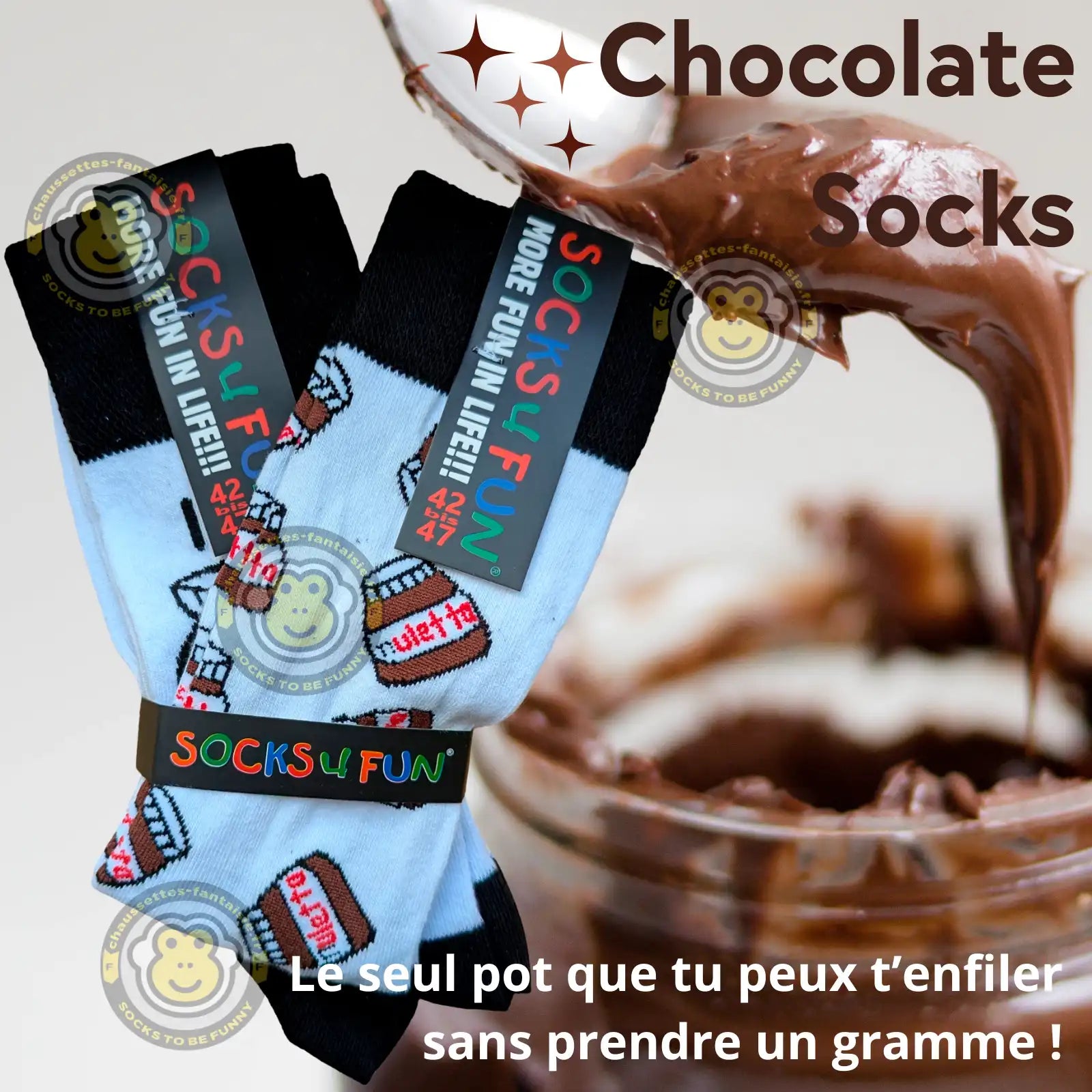Chaussettes amusantes blanches et pâte à tartiner chocolat