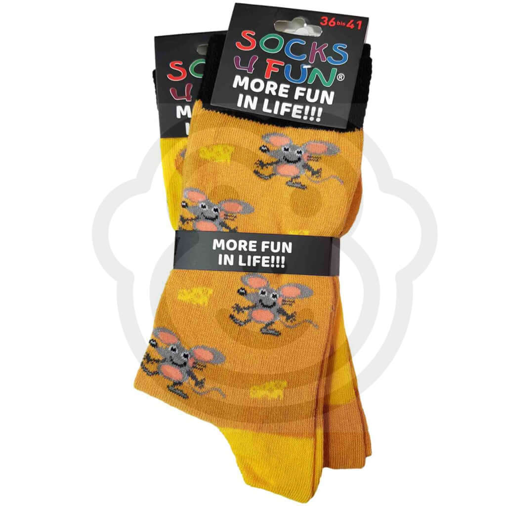 Chaussettes souris et fromage - Lot de 2 paires avec motifs de souris grises et fromage jaune amusants.