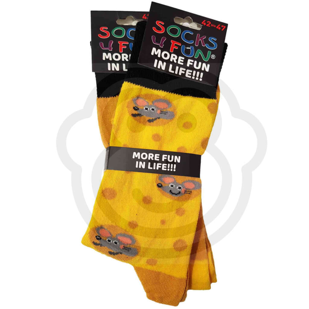 Chaussettes souris et fromage - Lot de 2 paires avec motifs de souris grises et fromage jaune.