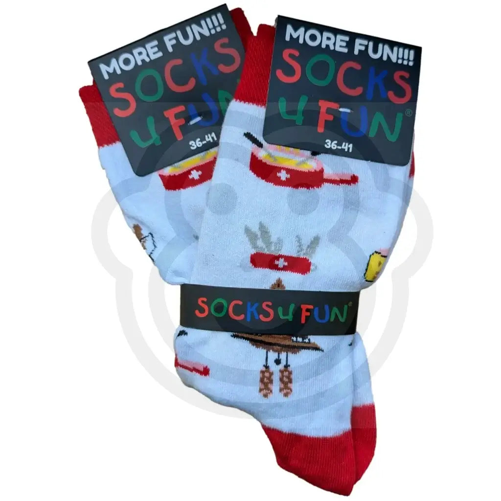 Chaussettes thème suisse blanches fantaisie avec motifs fondue et croix suisse, taille 36/41, modèle mixte