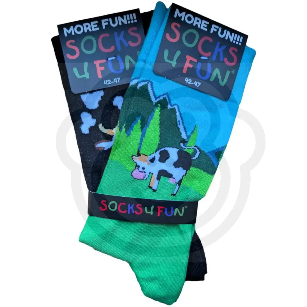 Chaussettes vaches montagne colorées vertes avec les animaux dans les alpages, taille 42/47, modèle mixte