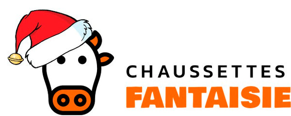 La tête de vache avec le bonnet de père noël sur la tête est le logo de la boutique de chaussettes rigolotes pour homme et femme