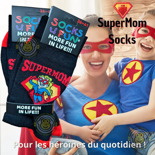 Chaussettes super maman avec motif héroïque, parfaites pour les mamans exceptionnelles et les super-héroïnes du quotidien.